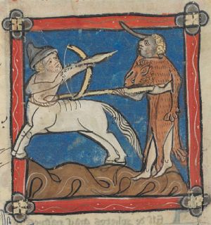 Centaur shooting arrow at a wild man