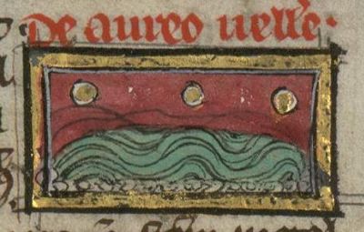 Golden fleece as three gold balls floating over the sea