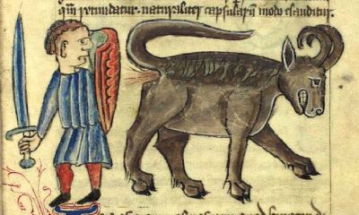 Bonnacon defending itself against a hunter by ejecting excrement